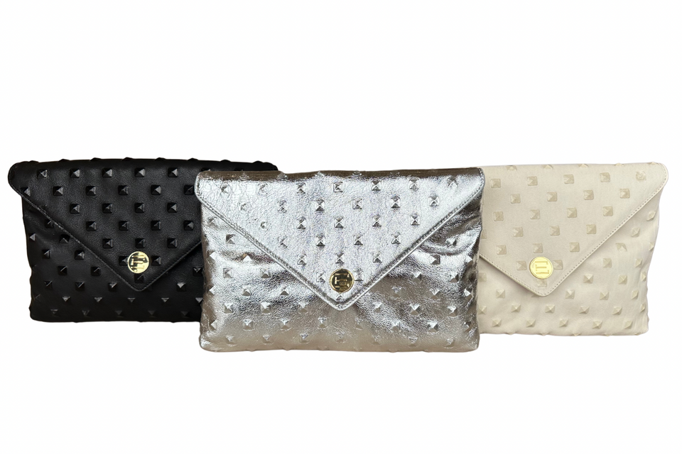 Elaine Turner Bella Clutch- Silver Embossed Studded Leather