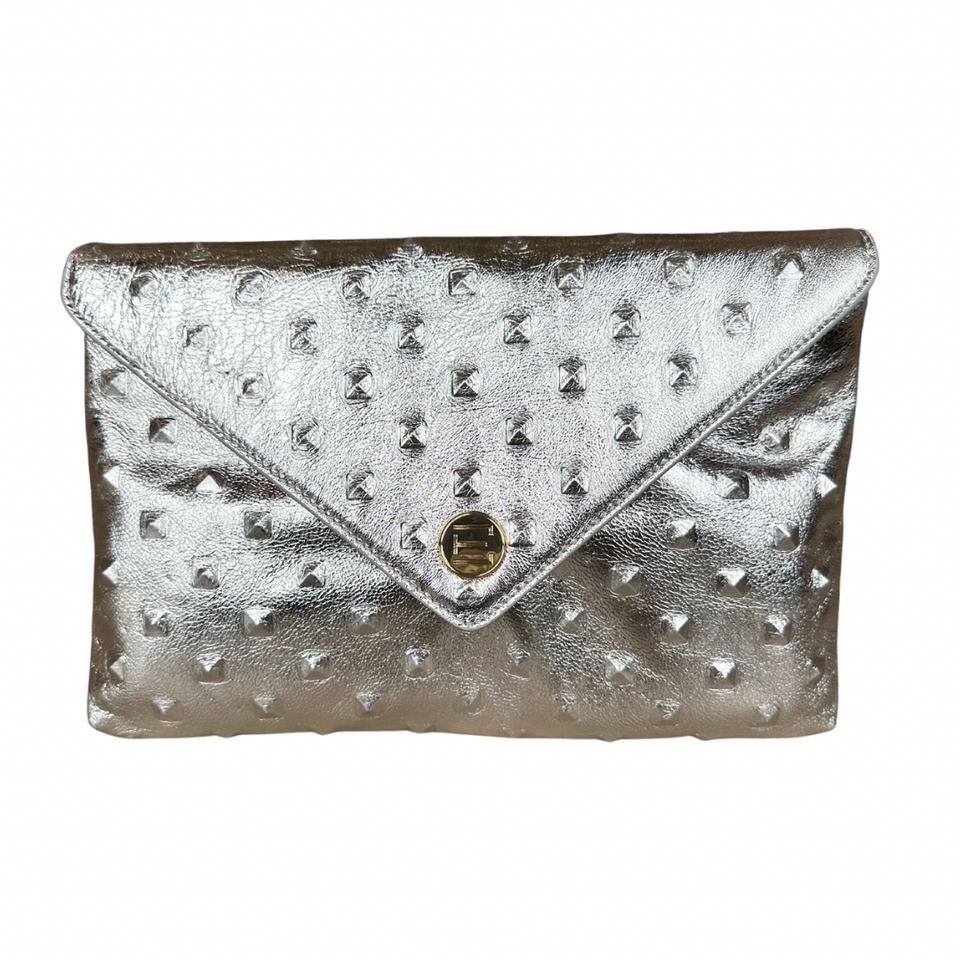elaine turner Bella Clutch- Silver Embossed Studded Leather