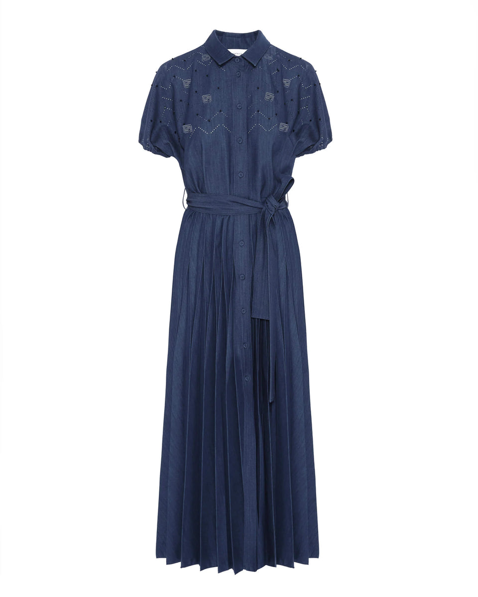 Elaine Turner Hand-Embroidered Pleated Denim Dress