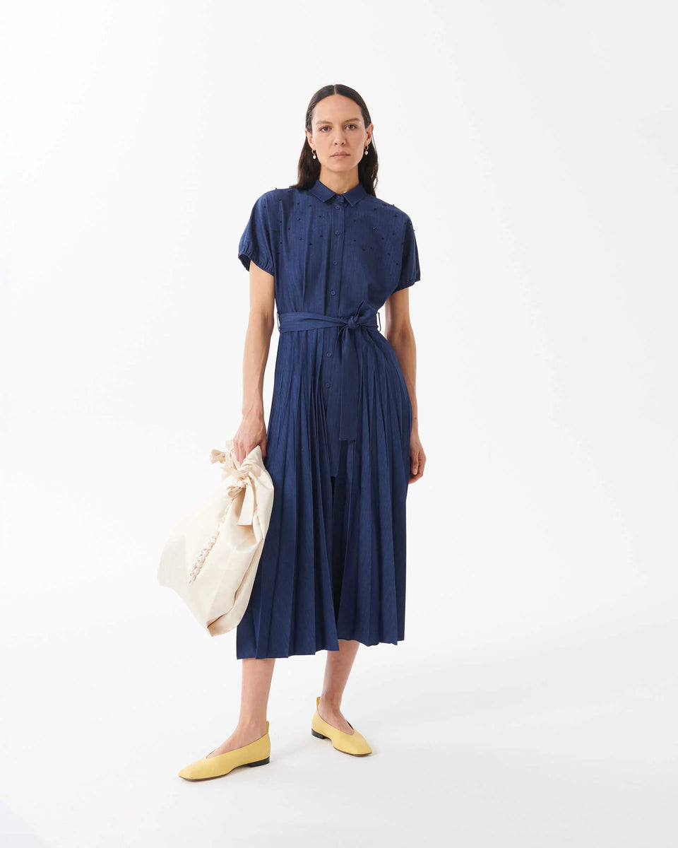 Elaine Turner Hand-Embroidered Pleated Denim Dress