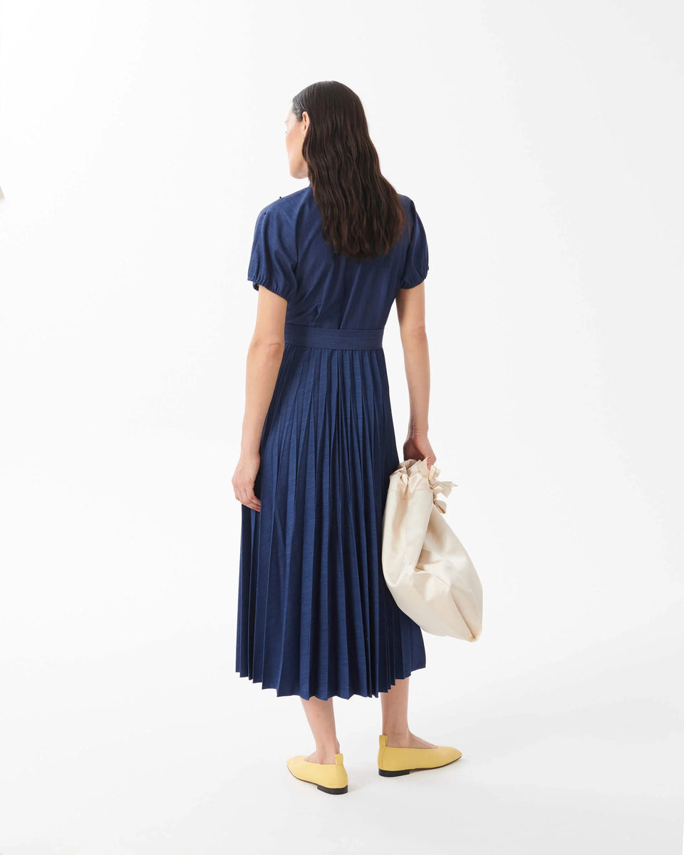 Elaine Turner Hand-Embroidered Pleated Denim Dress