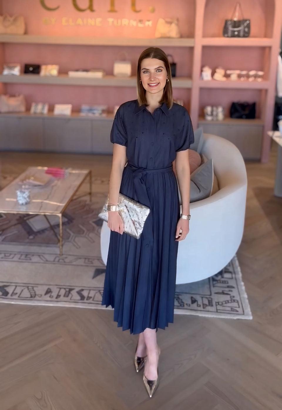 elaine turner Hand-Embroidered Pleated Denim Dress