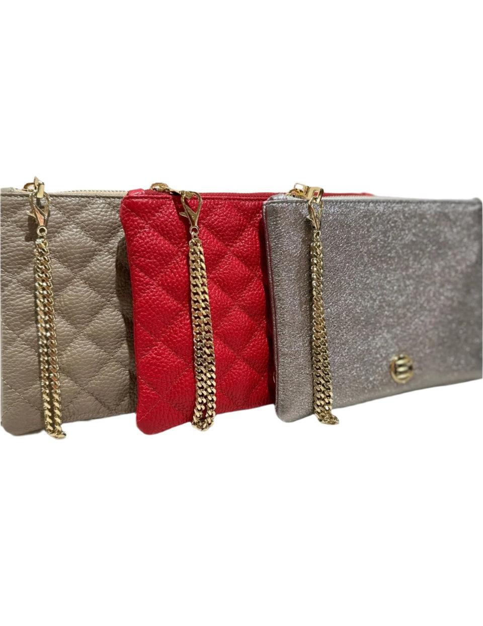 Elaine Turner Gigi Zip Pouch- Red Solid Pebble Quilted Leather