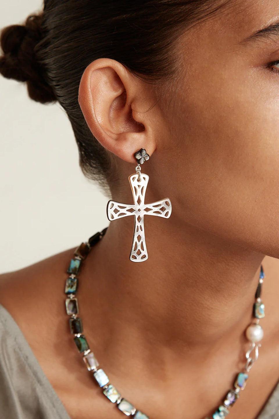 Elaine Turner Lourdes Cross Earrings Black Mother Of Pearl