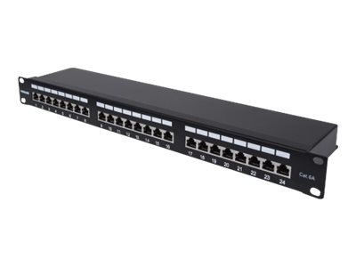 Elara Intellinet Patch Panel Cat6a FTP 24-Port 1U Shielded 90° Top-Entry Punch Down Blocks Black