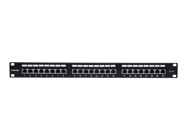 elara Intellinet Patch Panel Cat6a FTP 24-Port 1U Shielded 90° Top-Entry Punch Down Blocks Black