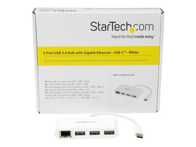 elara StarTech.com 3 Port USB C Hub w/ Gigabit Ethernet – USB Type C to 3 x USB-A – Multi Port USB 3.0 Hub for MacBook Pro (HB30C3A1GEA)