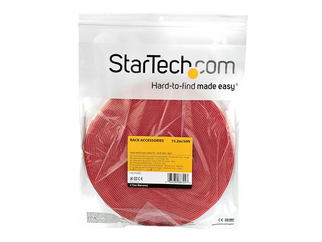 Elara StarTech.com 50ft Hook And Loop Roll Cut-to-Size Reusable Cable Ties Bulk Industrial Wire Fastener Tape / Adjustable Fabric Wraps Red / Resuable Sel