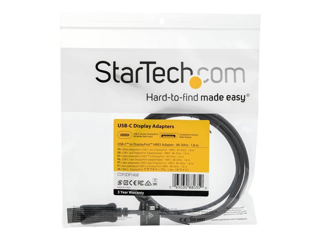 Elara StarTech.com 6ft/1.8m USB C To DisplayPort 1.4 Cable 4K/5K/8K USB Type-C To DP 1.4 Alt Mode Video Adapter Converter HBR3/HDR/DSC 8K 60Hz DP 1.4 Mon