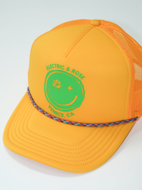 electric & rose Smiley Trucker Hat-Neon Gold/Green Accessories