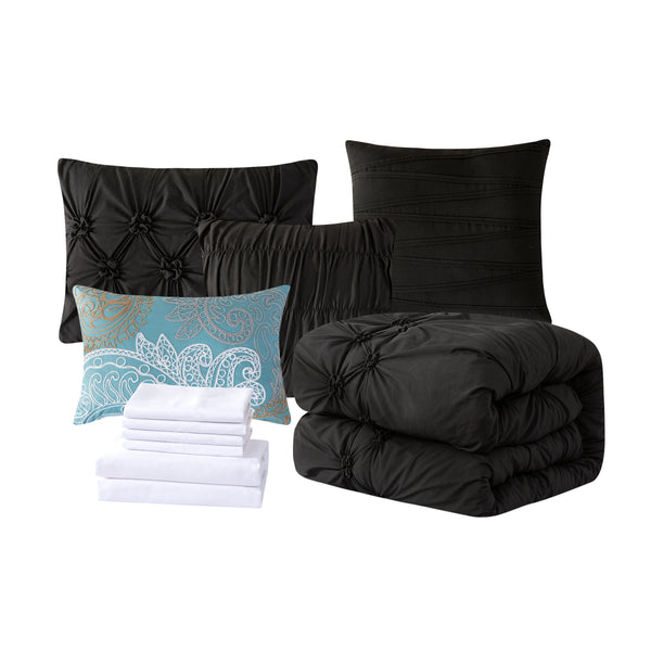 Elegant Comfort Elegant Comfort 12-Piece Ella Pleated Ruched Pintuck Comforter Set Includes 6-Piece Sheet Set With Double Sided Storage Pockets 12-Piece