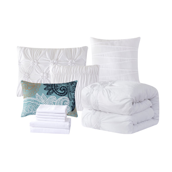 Elegant Comfort Elegant Comfort 12-Piece Ella Pleated Ruched Pintuck Comforter Set Includes 6-Piece Sheet Set With Double Sided Storage Pockets 12-Piece