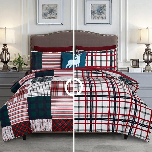 elegant comfort Elegant Comfort 8-Piece Lodge Plaid and Patch Reversible Comforter Set - Includes 4-Piece Sheet Set with Double Sided Storage Pockets 8-Piece
