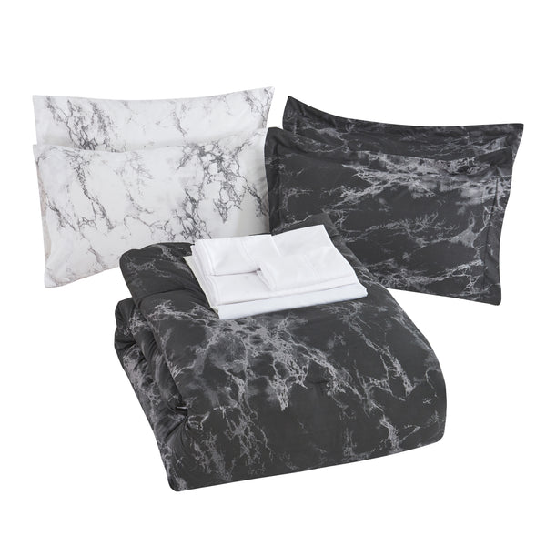 Elegant Comfort Elegant Comfort Reversible 10-Piece Marble Print Comforter Set Includes 6-Piece Sheet Set With Double Sided Storage Pockets 10-Piece