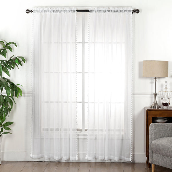 elegant comfort Elegant Comfort Set of 2 Pom Pom Tasseled Sheer Curtain - Rod Pocket