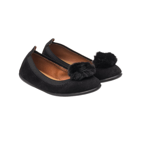 Elephantito Suede Pom Pom Ballerina Black Shoes