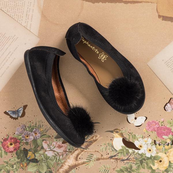 Elephantito Suede Pom Pom Ballerina Black Shoes