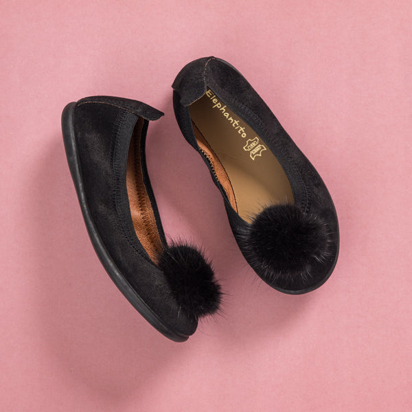 elephantito Suede Pom Pom Ballerina Black Shoes