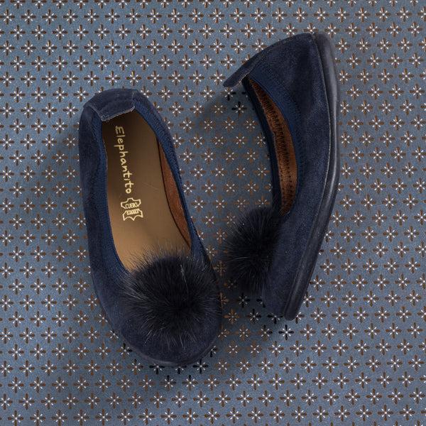 Elephantito Suede Pom Pom Ballerina Blue Shoes
