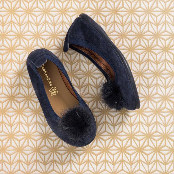 elephantito Suede Pom Pom Ballerina Blue Shoes