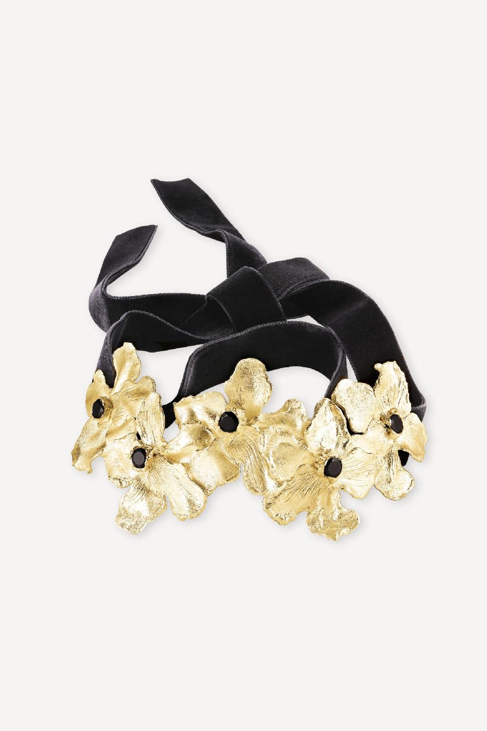 elhanati Golden Big Flower Forest Choker with Black Spinels on Velvet Band – ELHANATI