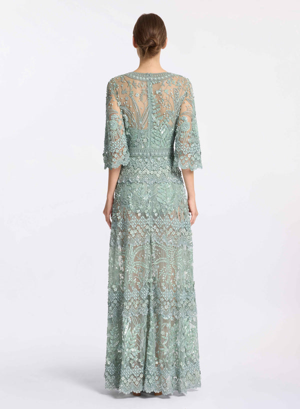 Elie Saab Bead Embroidered Dress With Butterfly Sleeves Iceberg Green