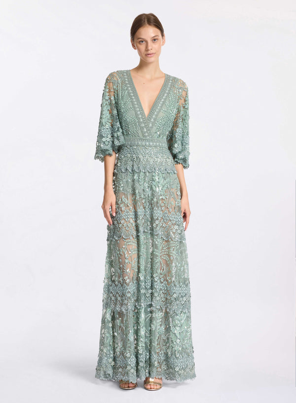 elie saab Bead embroidered dress with butterfly sleeves Iceberg Green