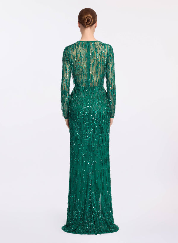 Elie Saab Bead Embroidered Fringe Gown Absinthe Green