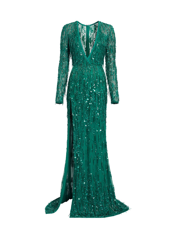 Elie Saab Bead Embroidered Fringe Gown Absinthe Green