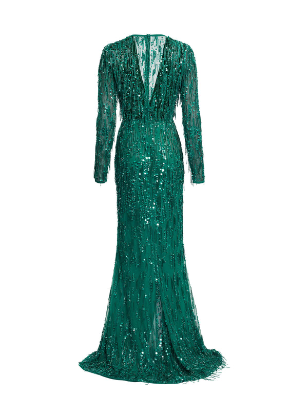Elie Saab Bead Embroidered Fringe Gown Absinthe Green