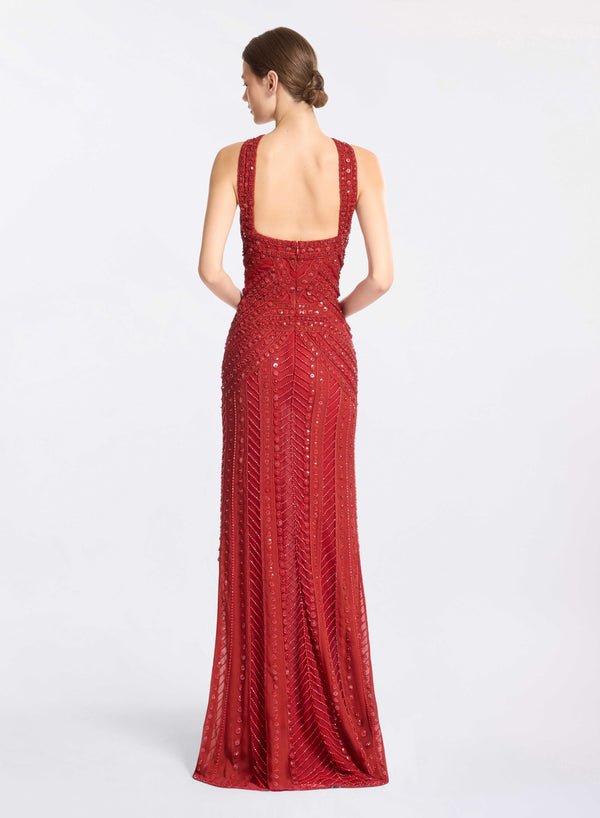 Elie Saab Bead Embroidered Halter Long Dress Fireball Lily