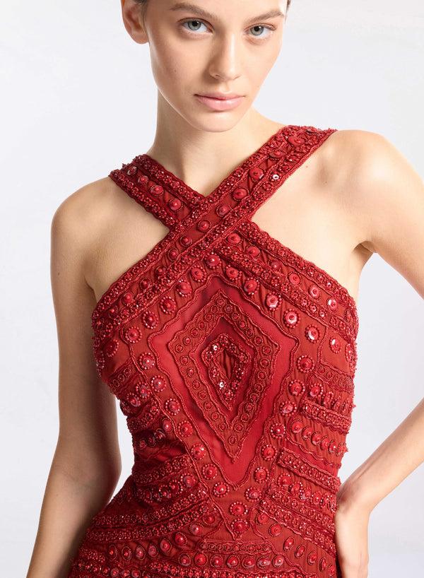 Elie Saab Bead Embroidered Halter Long Dress Fireball Lily