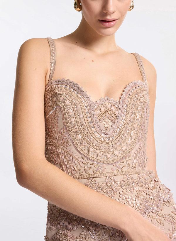 Elie Saab Bead Embroidered Short Dress Sand Gazelle