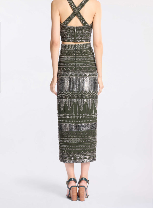 Elie Saab Bead Embroidered Tribal Skirt Palm Shade-Antique Silver