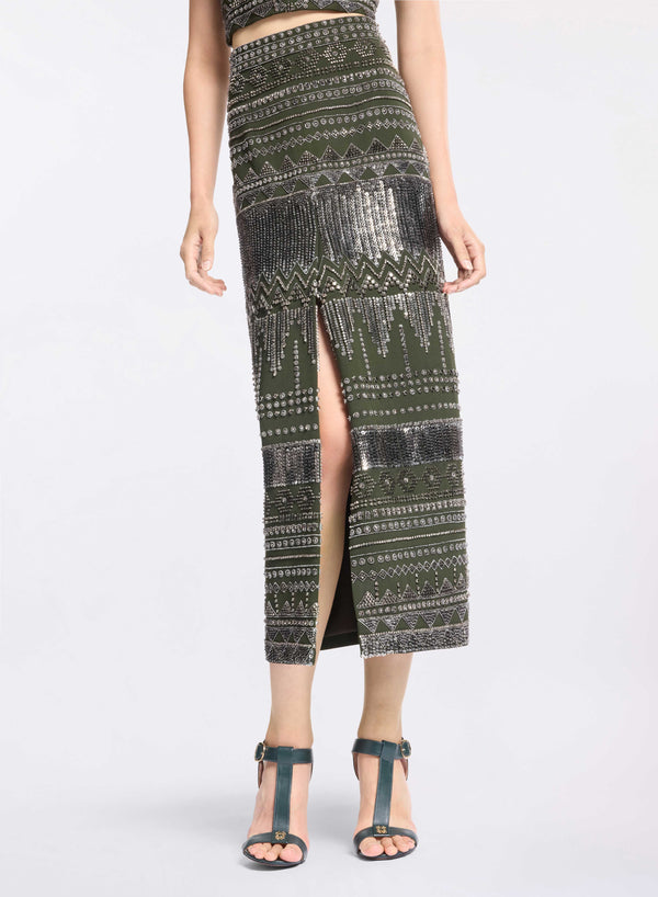 Elie Saab Bead Embroidered Tribal Skirt Palm Shade-Antique Silver