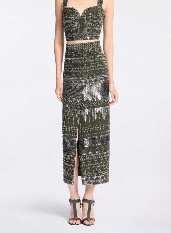 elie saab Bead embroidered tribal skirt Palm Shade-Antique Silver