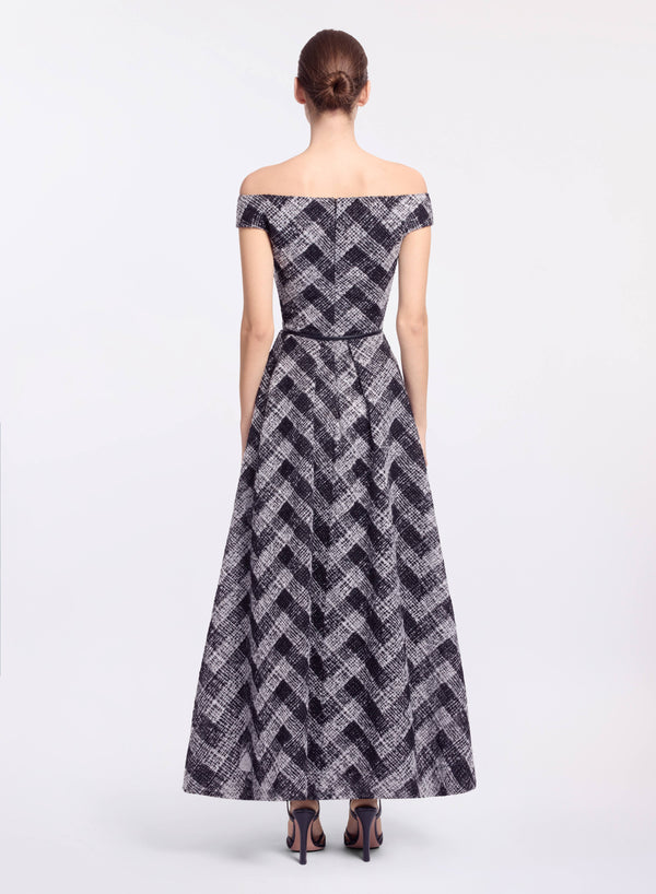 Elie Saab Chevron Off-shoulder Midi Dress Black And White