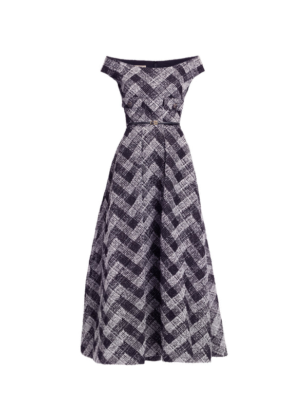 Elie Saab Chevron Off-shoulder Midi Dress Black And White