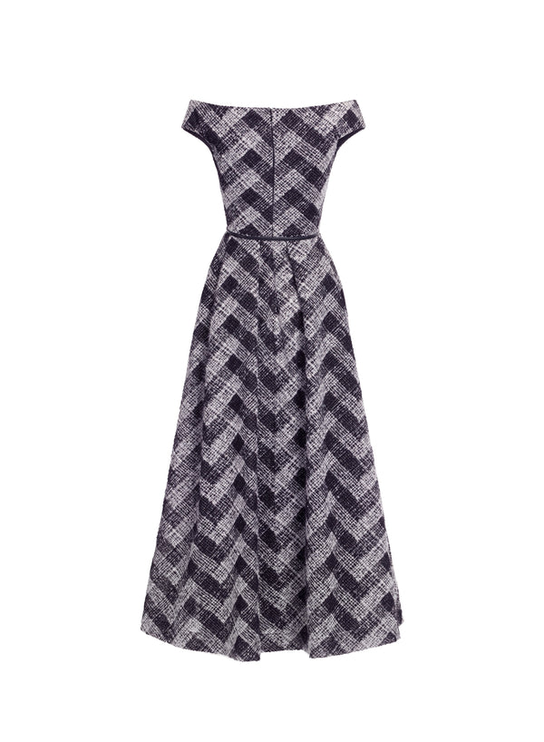 Elie Saab Chevron Off-shoulder Midi Dress Black And White