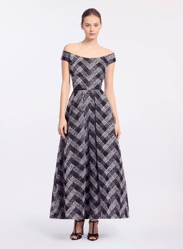 elie saab Chevron off-shoulder midi dress Black and White