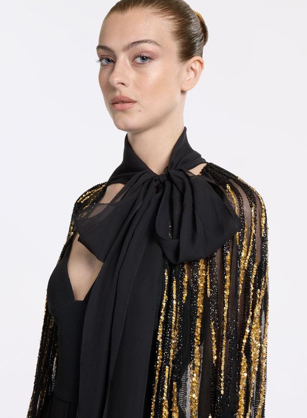 Elie Saab Bead Embroidered Cape Gold-Black