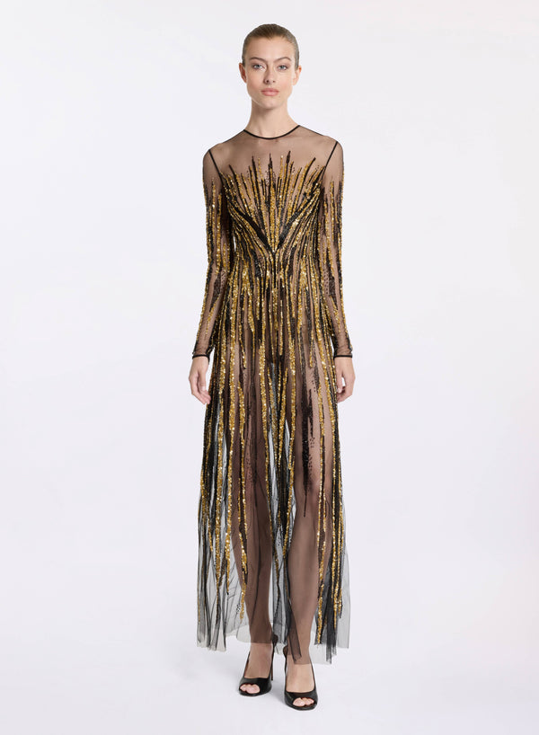 elie saab Bead embroidered dress Black and Gold