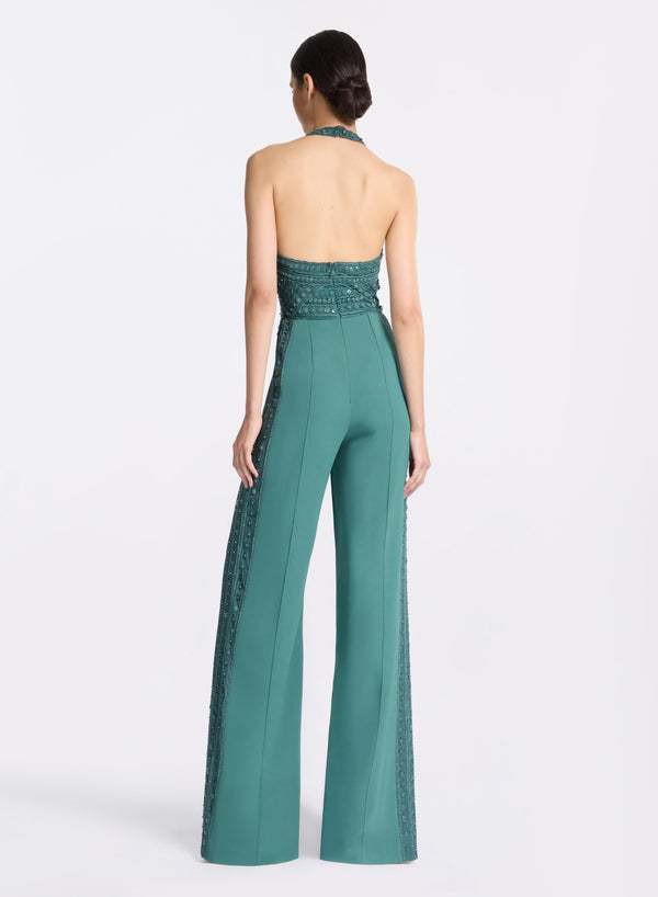 Elie Saab Bead Embroidered Jumpsuit Blue Spruce