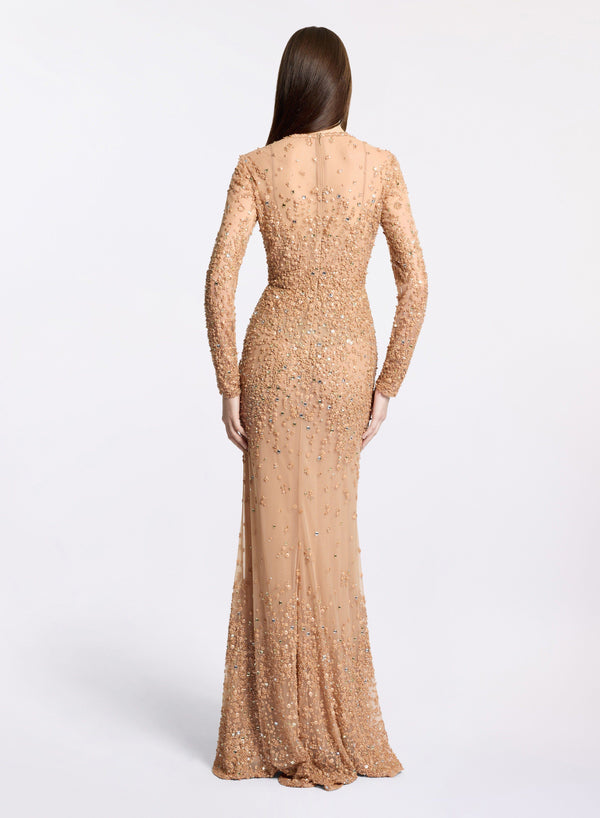 Elie Saab Bead Embroidered Long Dress Cappuccino