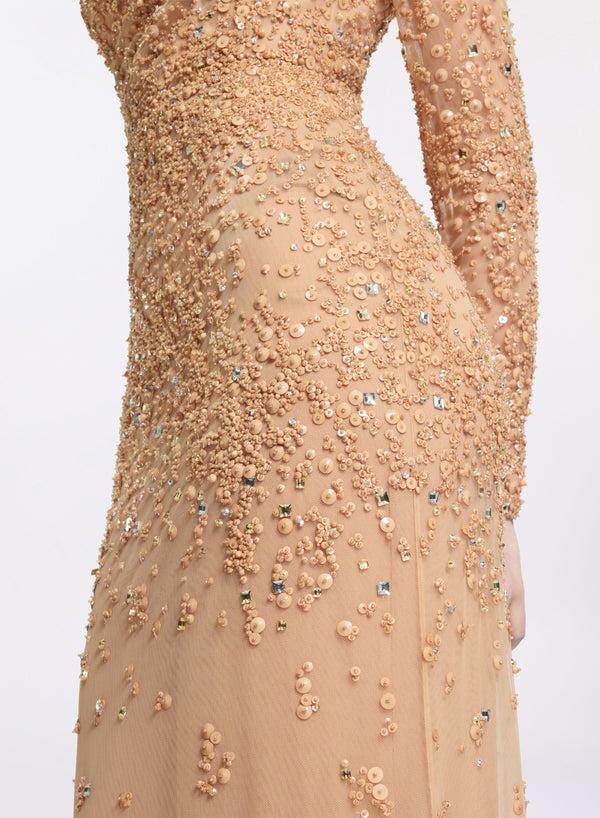 Elie Saab Bead Embroidered Long Dress Cappuccino