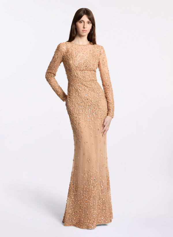 elie saab Bead embroidered long dress Cappuccino