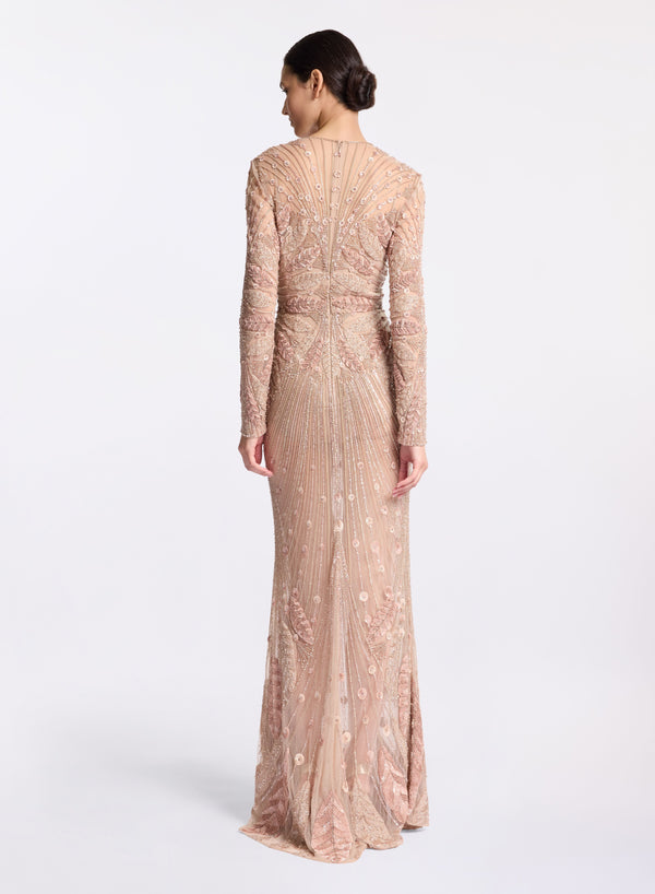 Elie Saab Bead Embroidered Long Dress Sand Gazelle