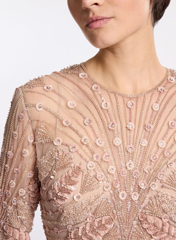 Elie Saab Bead Embroidered Long Dress Sand Gazelle