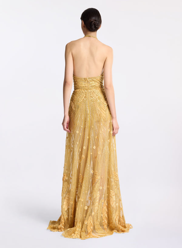 Elie Saab Bead Embroidered Long Dress Sand Gold