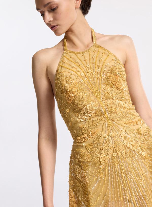 Elie Saab Bead Embroidered Long Dress Sand Gold